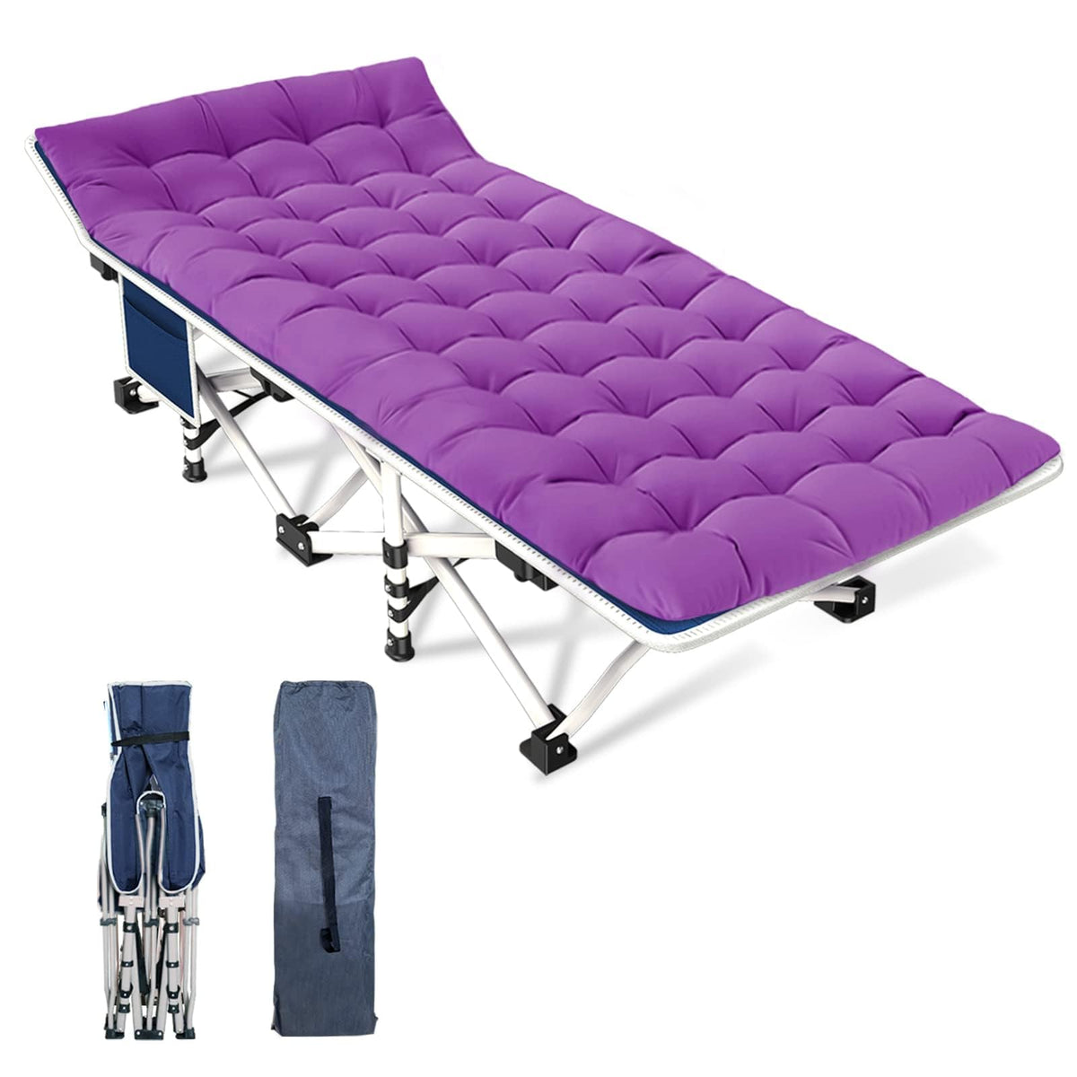 GETOVIN camping cot with mattress shown with sturdy frame for outdoor sleep.