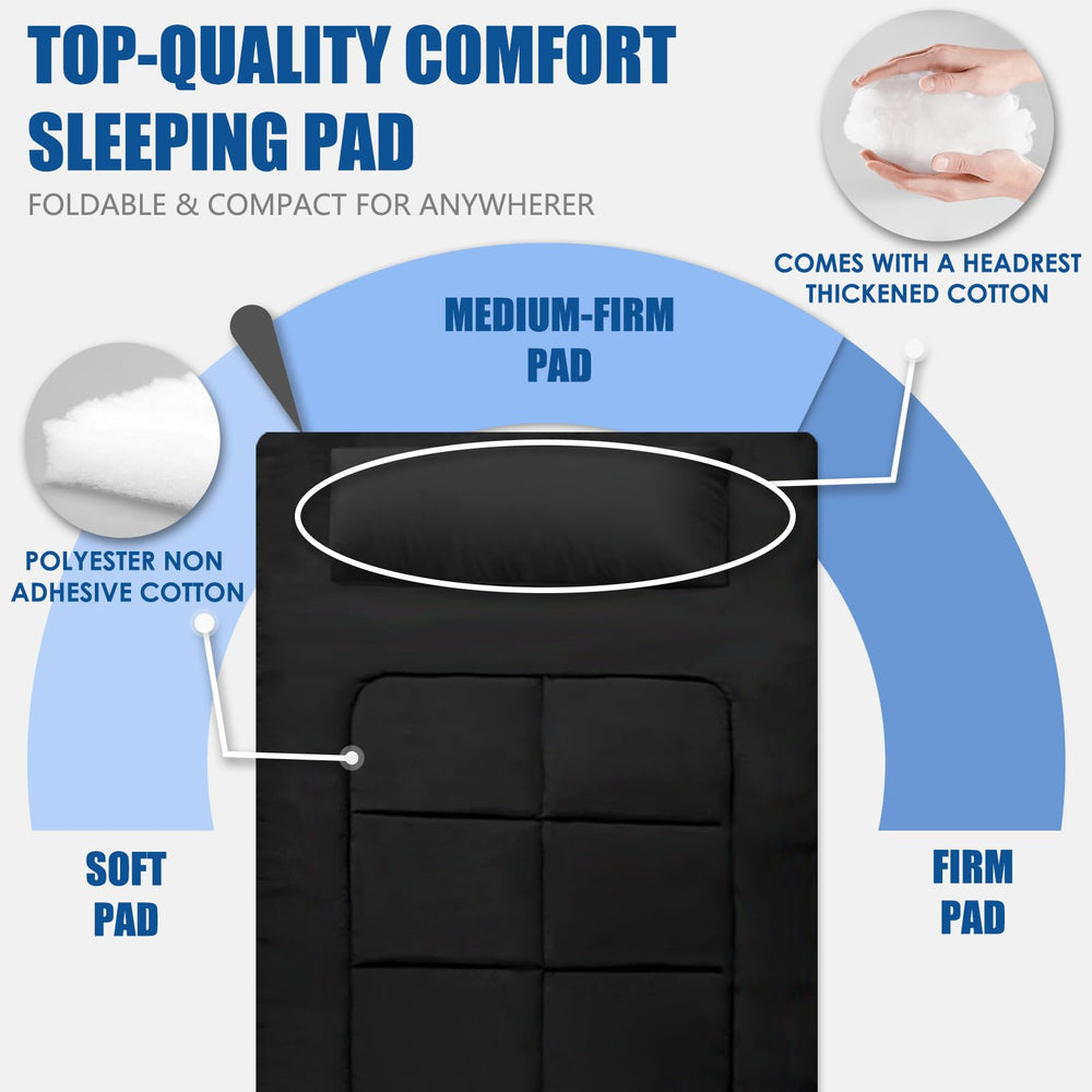 GETOVIN thickened top design sleeping pad adds extra neck and shoulder comfort.