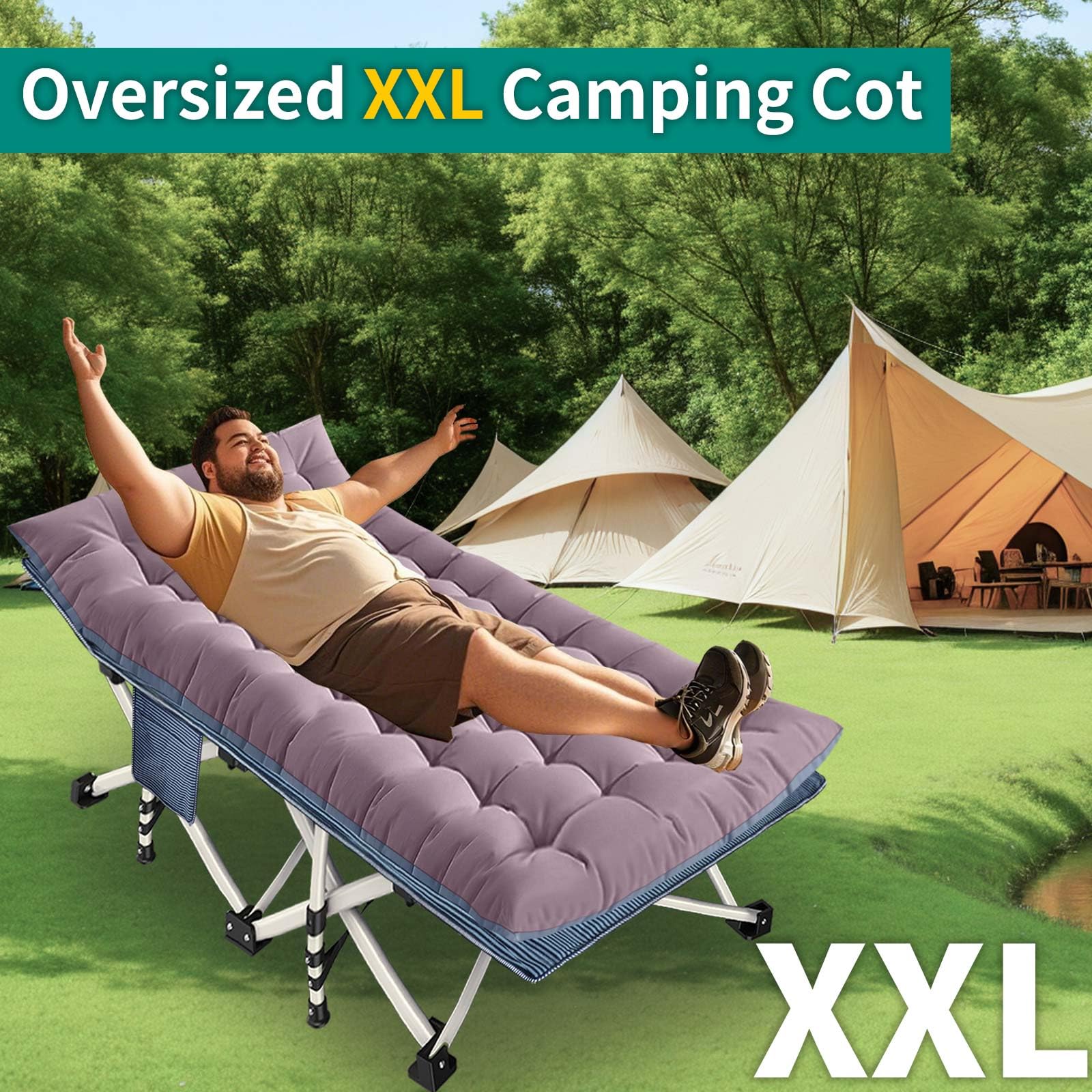 GETOVIN XXL camping cot being assembled quickly for guests.