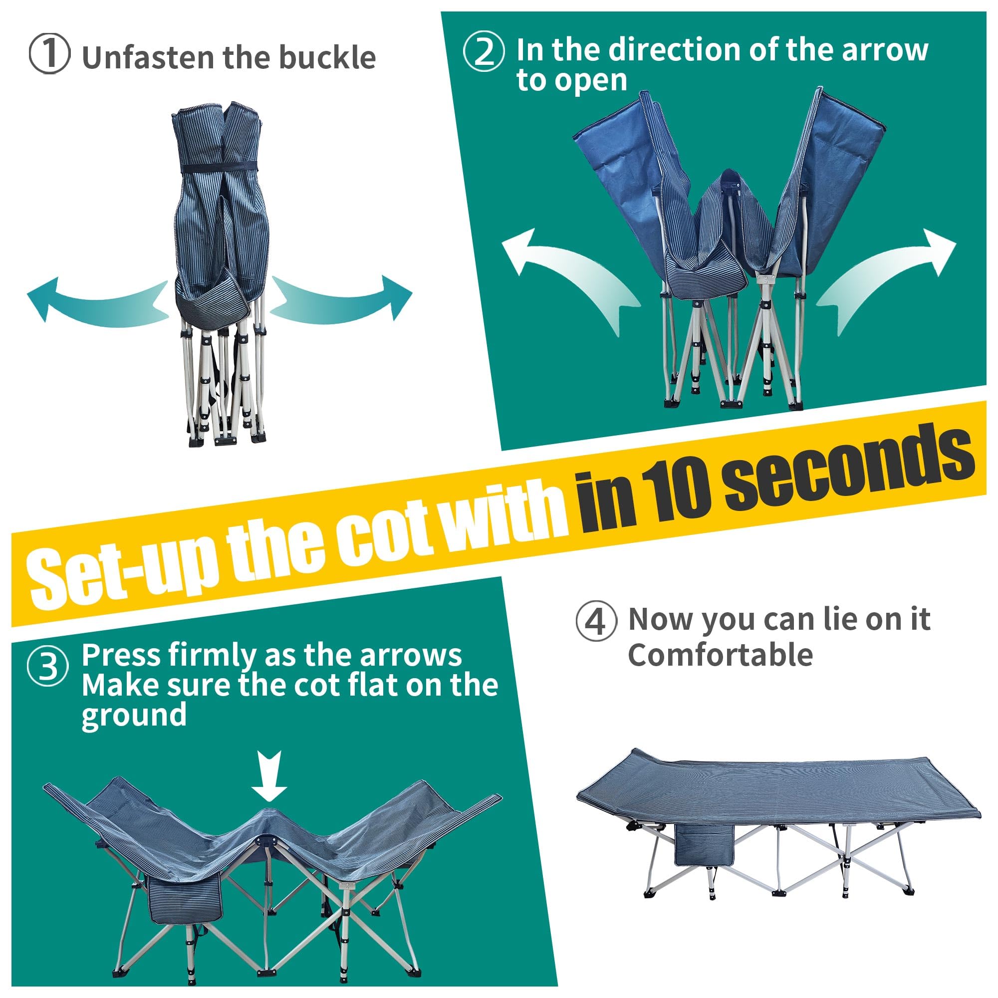 GETOVIN XXL camping cot folding frame for easy storage.