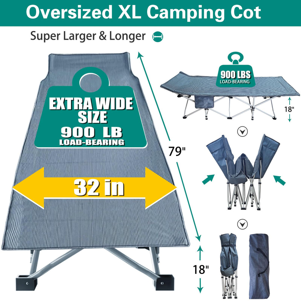 GETOVIN XXL camping cot demonstrates 900 lb weight capacity.