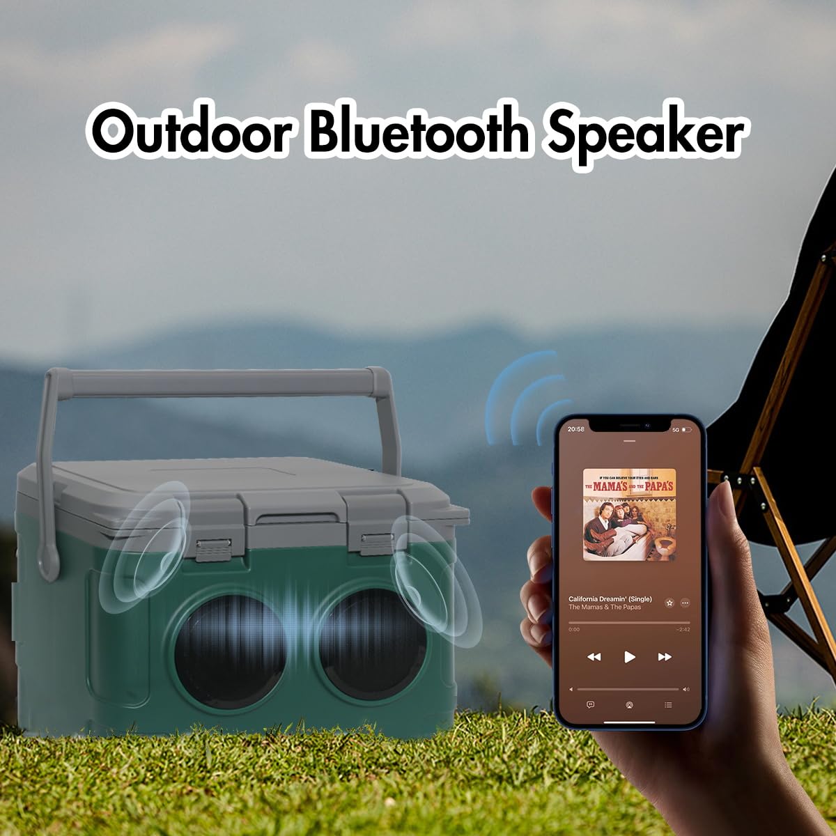 GETUHAND camp cooler with Bluetooth speaker enhances outdoor gatherings with music.