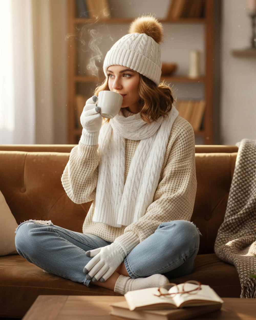 Geyoga model wearing winter ensemble shows coordinated style and warmth