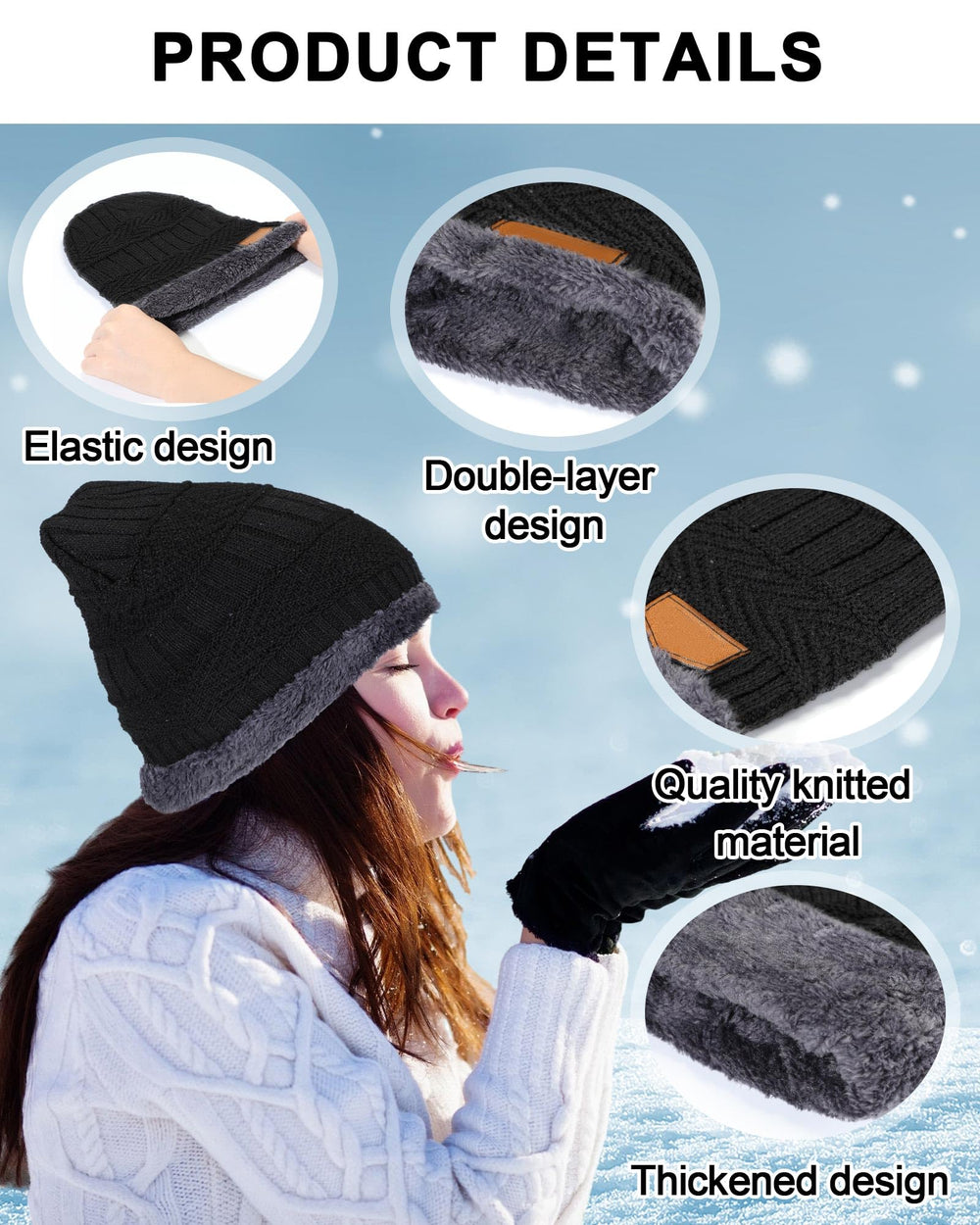Close-up of black knit beanie with fleece-lined interior
