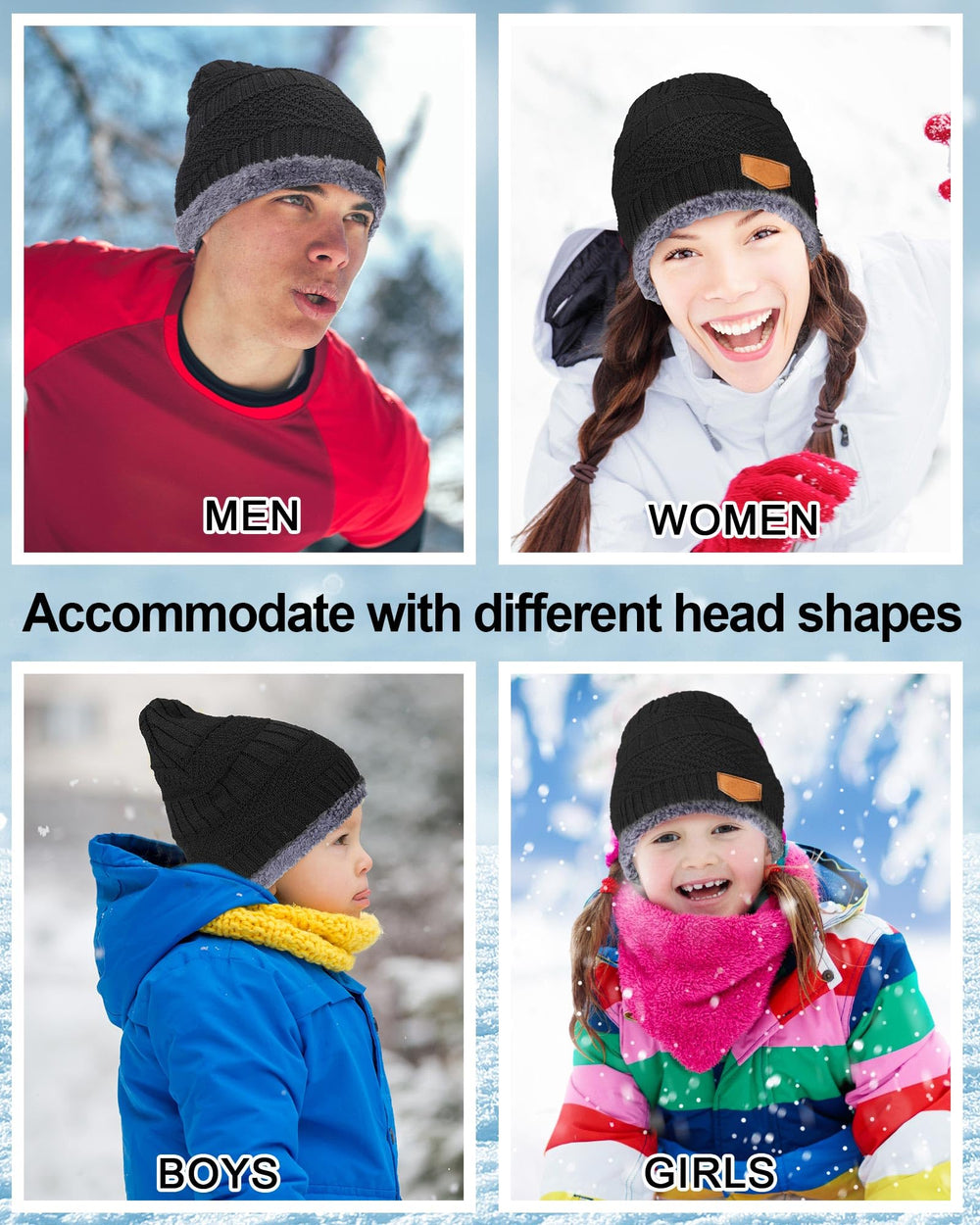 Unisex black knit beanie worn by man and woman