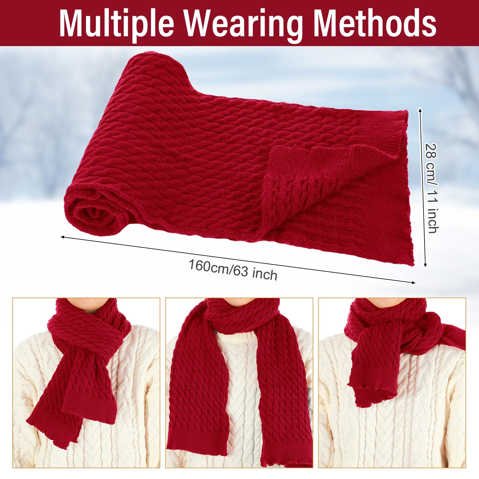 Geyoga scarf image demonstrates long, thick knit ideal for layered winter style.