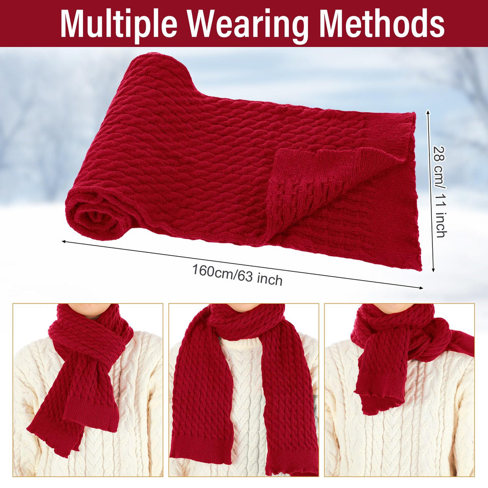 Geyoga scarf image demonstrates long, thick knit ideal for layered winter style.