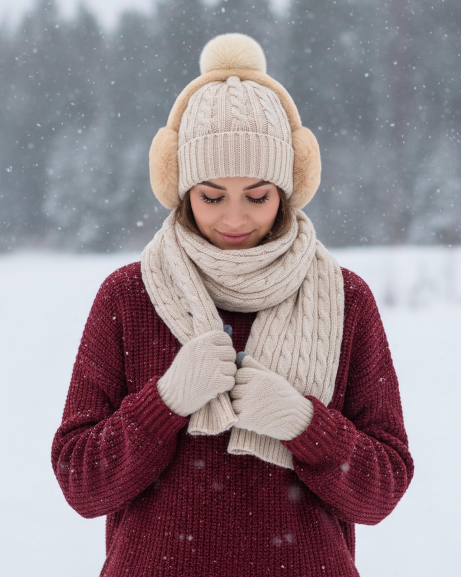 Geyoga model demonstrates a cozy complete outfit with the set