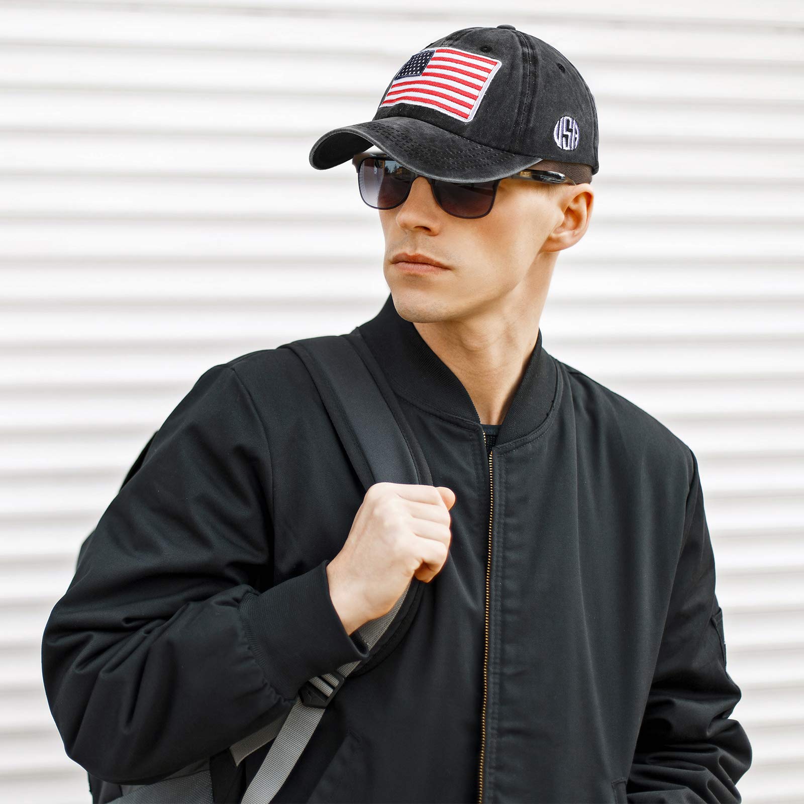 Close-up embroidery of US flag on Geyoga cap