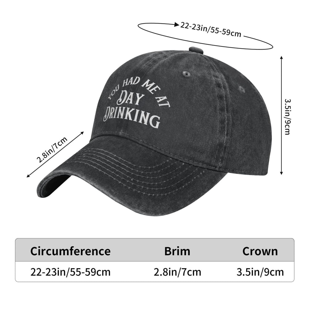 GEZHONU Day Drinking denim cap back view with adjustable fit for all-day comfort.