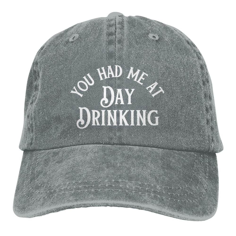 GEZHONU You Had Me at Day Drinking cap front design with vintage vibe and playful theme.