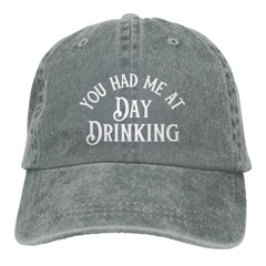 GEZHONU You Had Me at Day Drinking cap front design with vintage vibe and playful theme.
