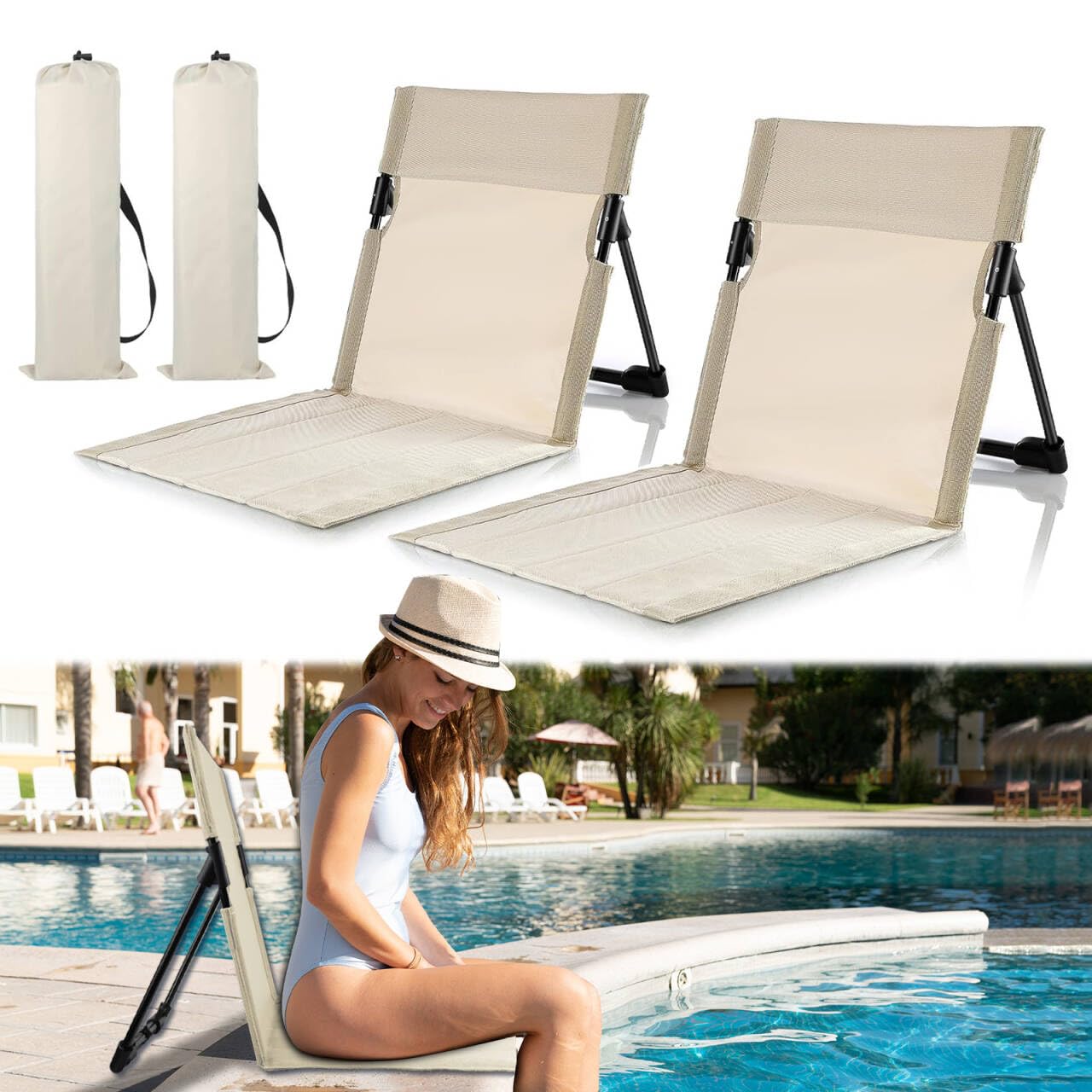 GFYYBKJ foldable seat beside poolside edge for easy, portable lounging.