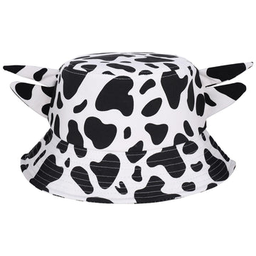 GGSTDDUP cow print bucket hat front view black and white reversible