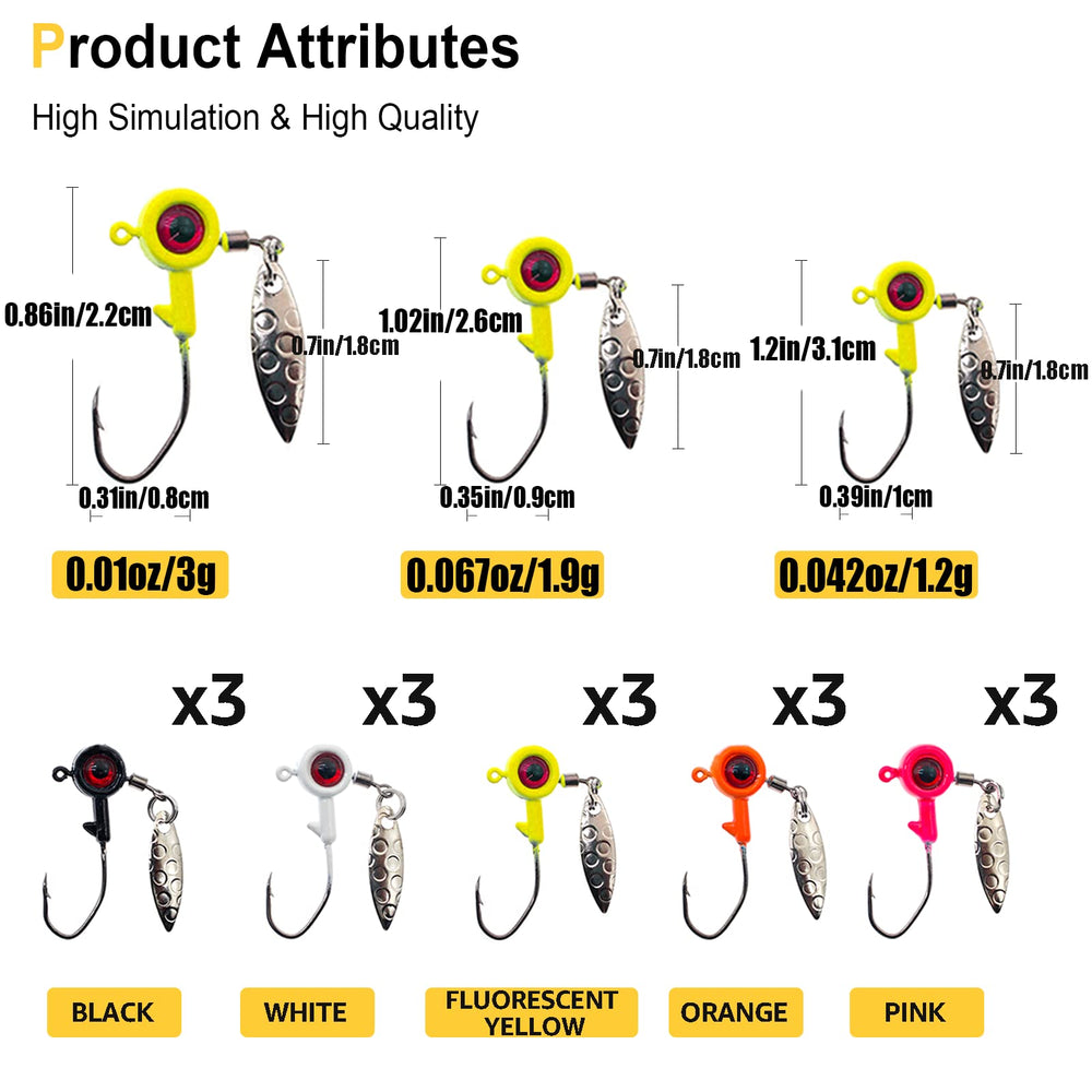 Contents: 15 jig head hooks and 50 soft plastic lures