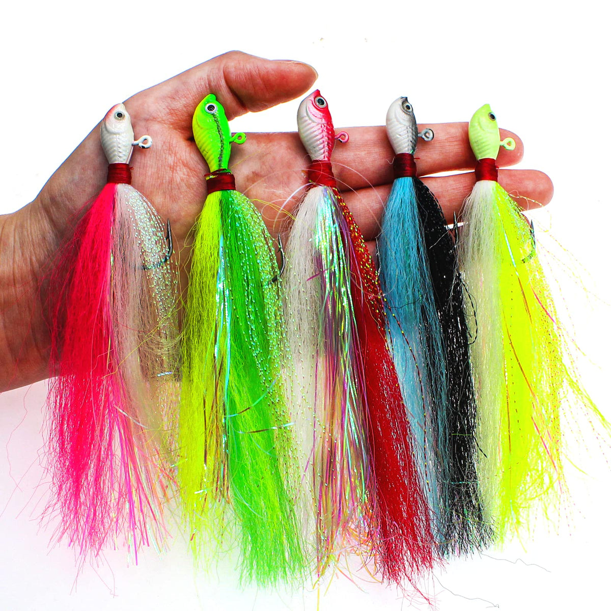 Ghanneey Bucktail Jig head with 3D fish eyes and colorful skirt