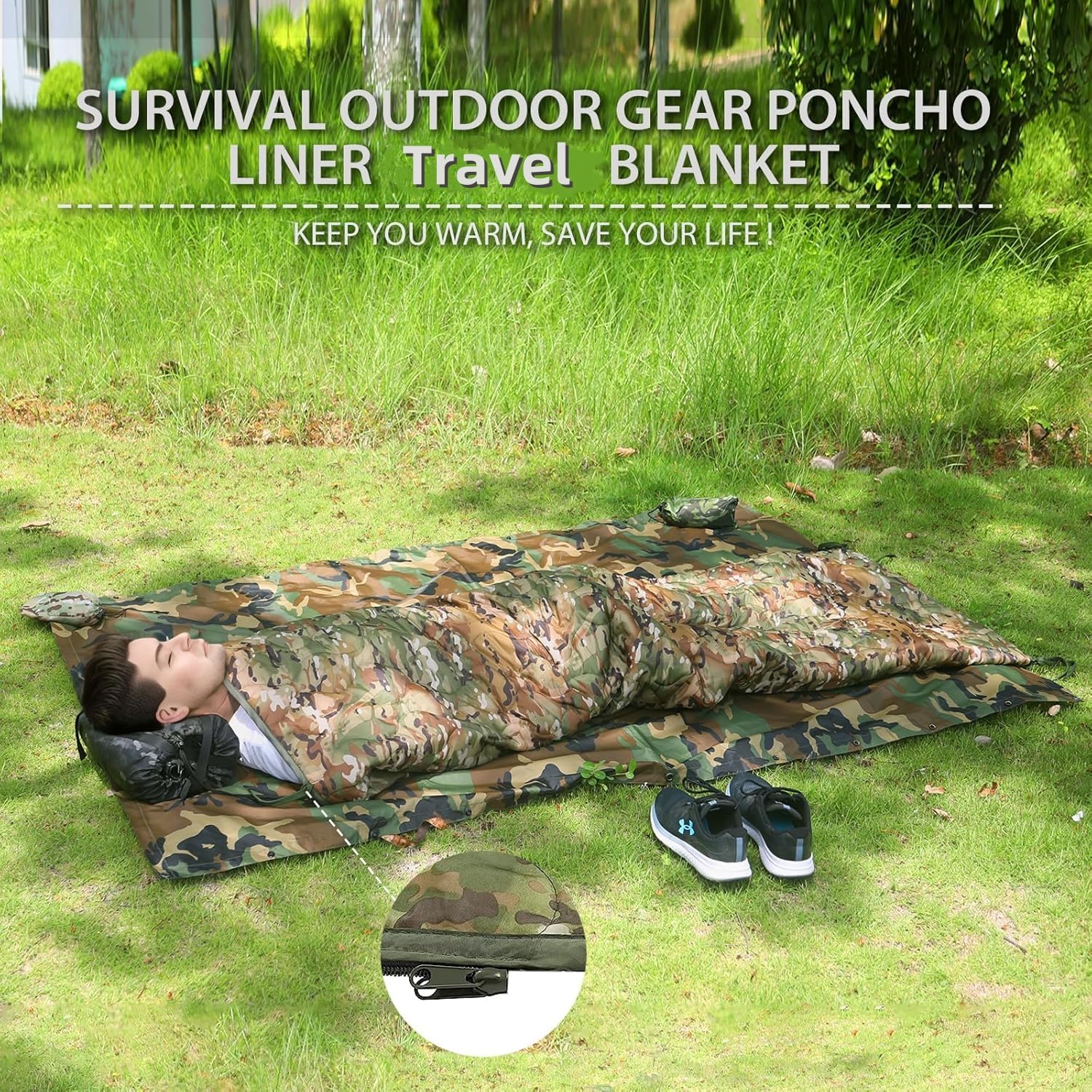 GHILEO Camo Poncho Liner light, portable warmth for travel.