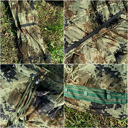 Ghillie Suit Shop woodland camo detail close-up highlights durable camouflage fibers.