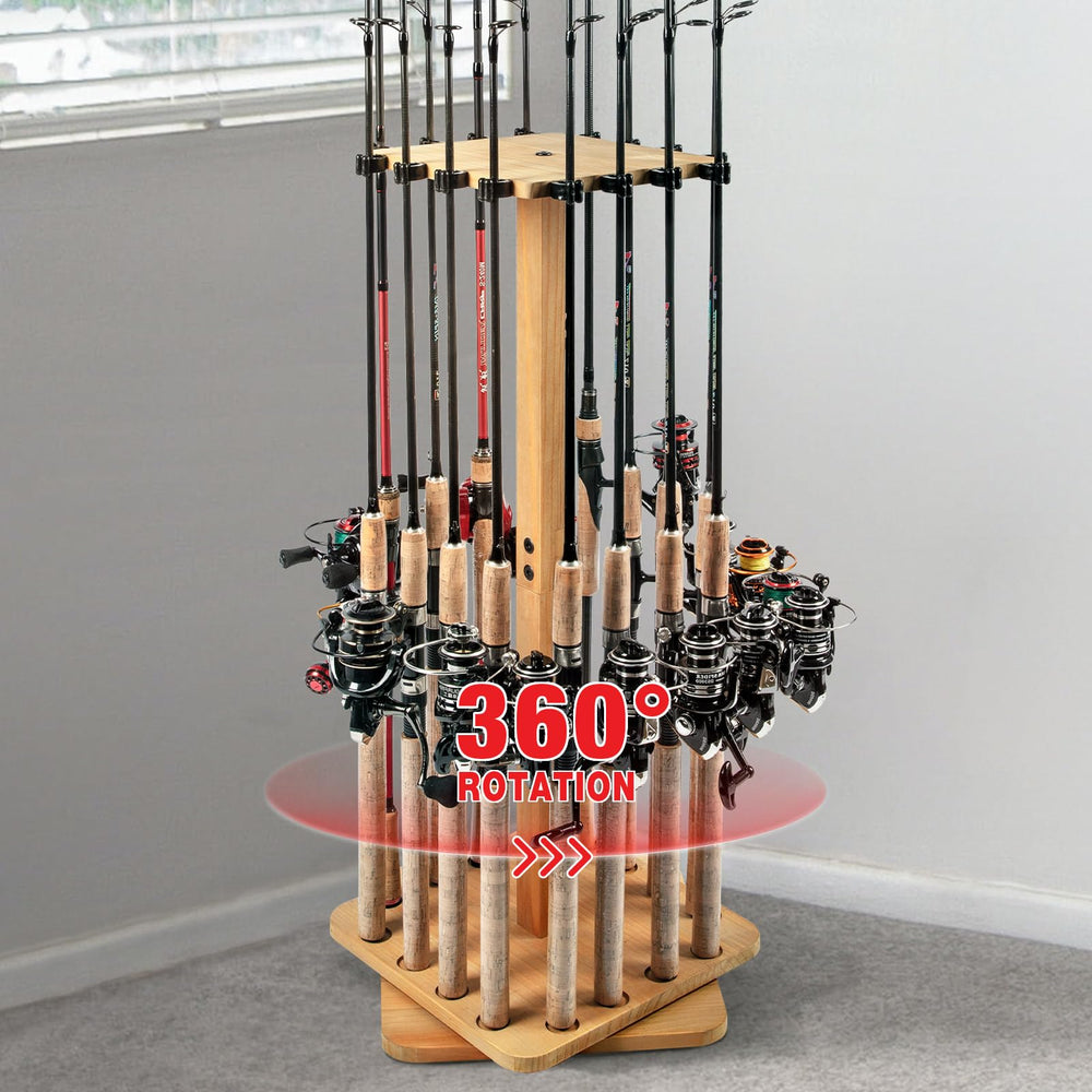 Ghosthorn 360° rotating fishing rod rack on wood floor stand