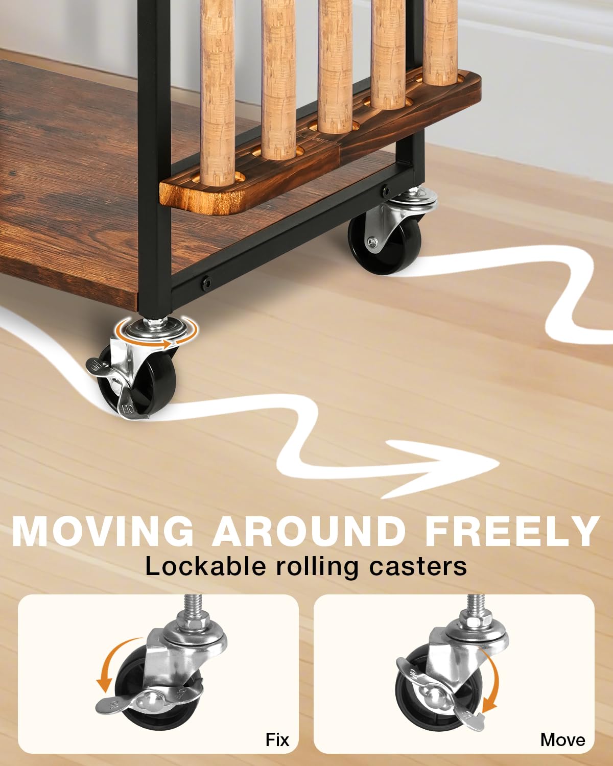 360° rotating wheels with two lockable wheels on stainless steel stands.