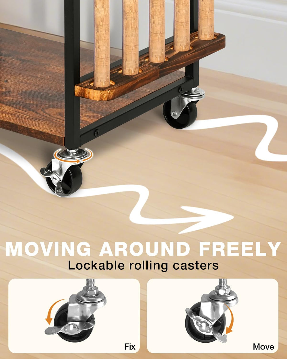 360° rotating wheels with two lockable wheels on stainless steel stands.