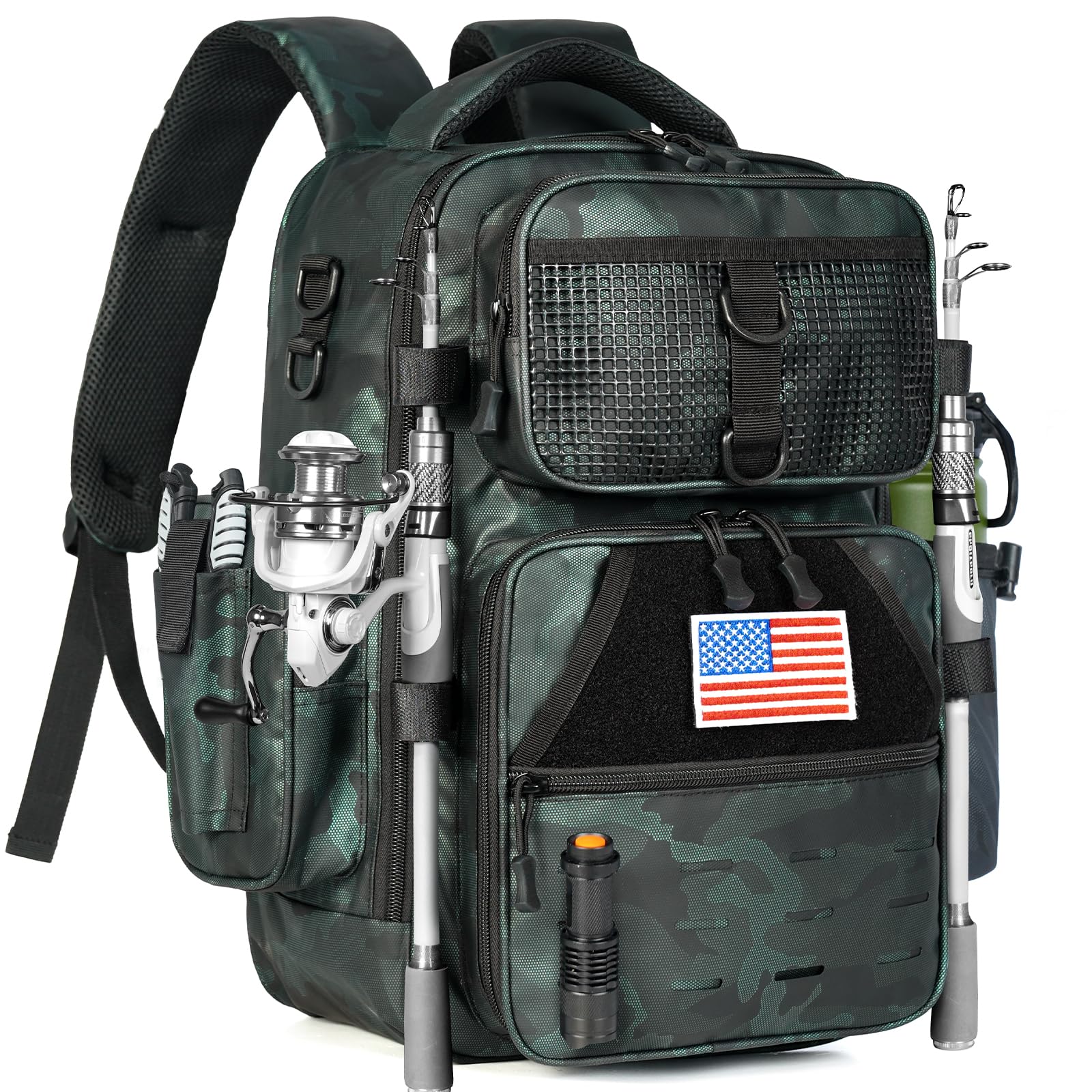 Ghosthorn fishing backpack front station expands for quick tasks, on-the-spot workspace.