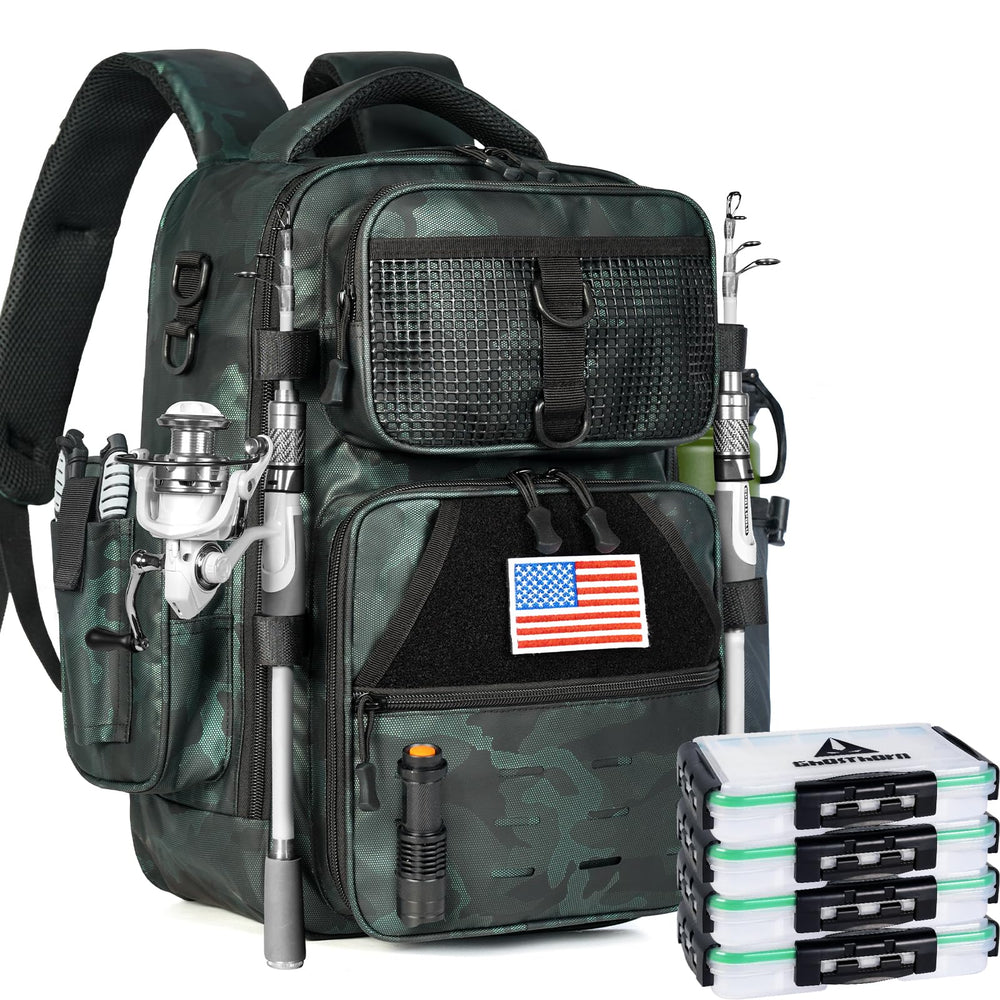 Ghosthorn fishing backpack front view showing compact storage for day trips