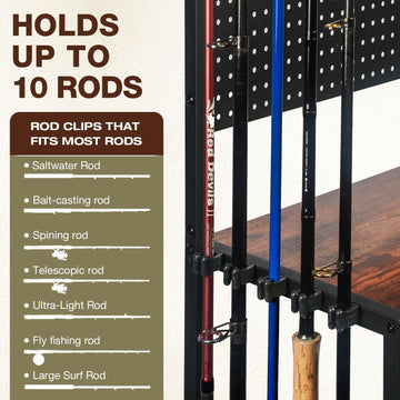 Organized storage rack displaying reels, lures, and tackle boxes