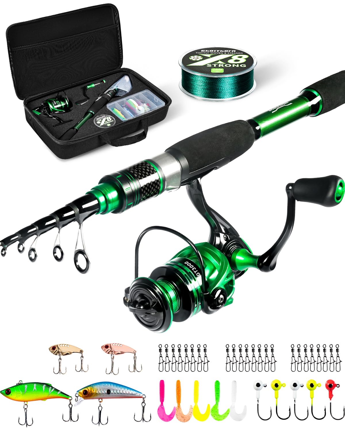 Ghosthorn fishing rod extended for shorelines and boat trips with responsive graphite action.