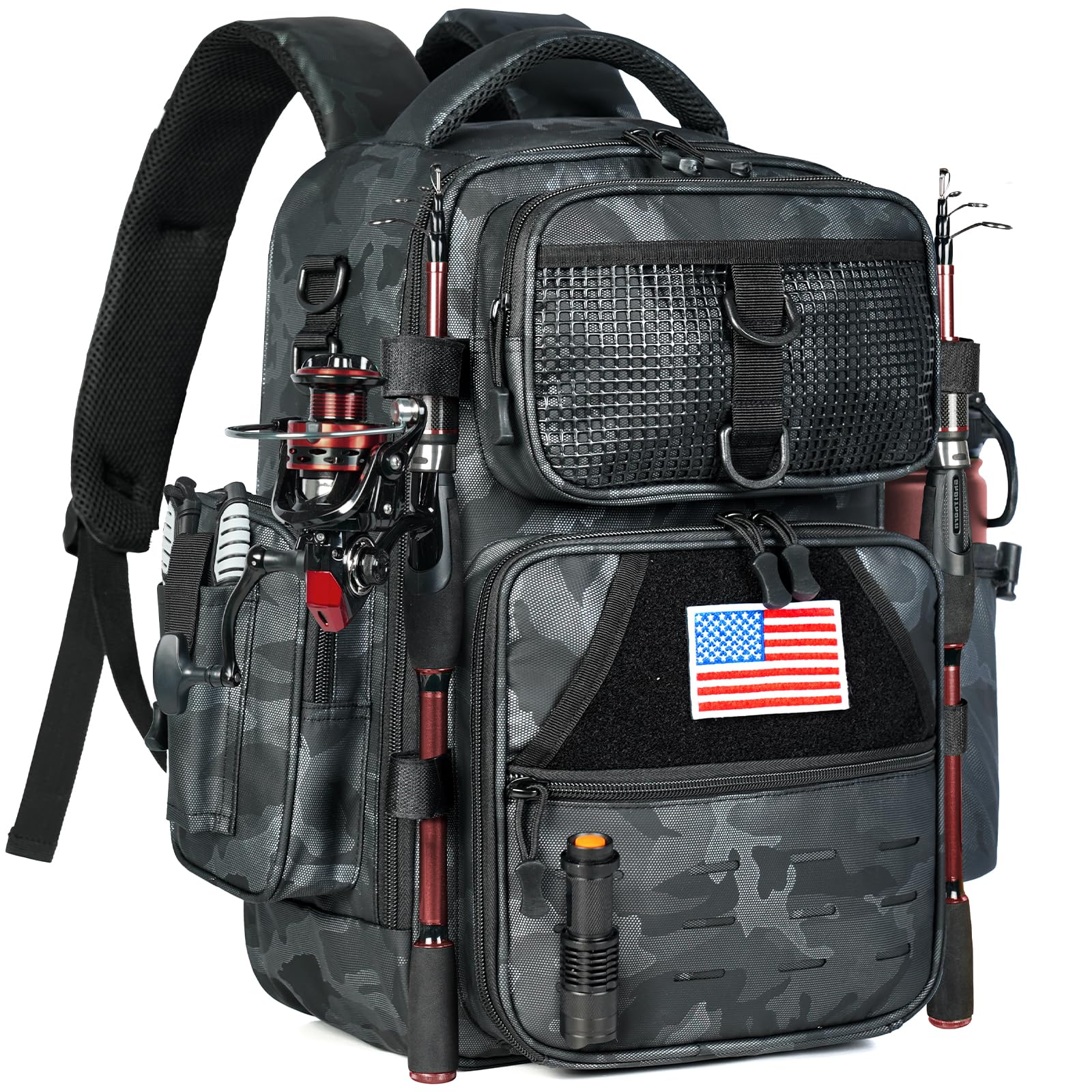 Ghosthorn fishing tackle backpack front workstation in use for quick knot tying.