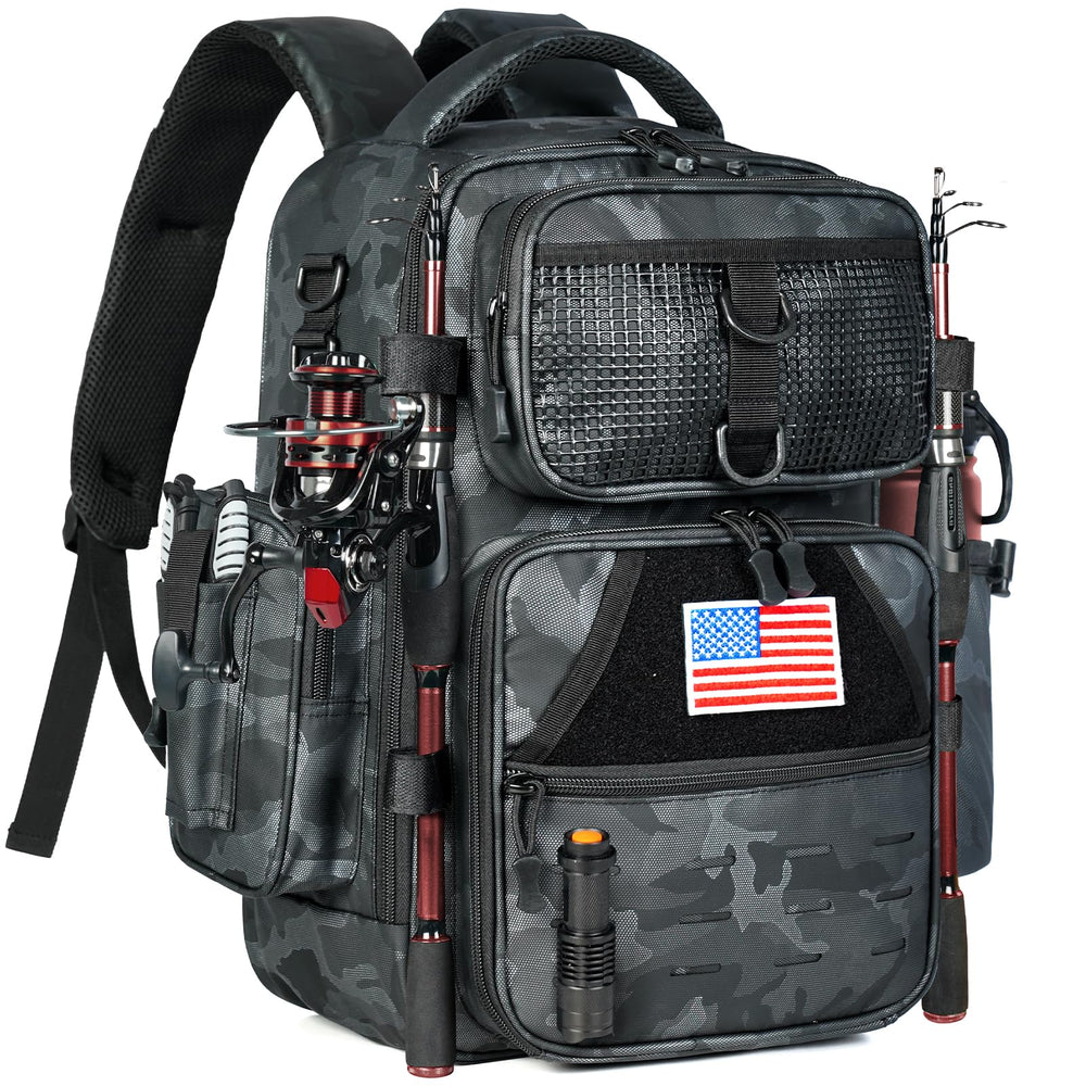 Ghosthorn fishing tackle backpack front workstation in use for quick knot tying.