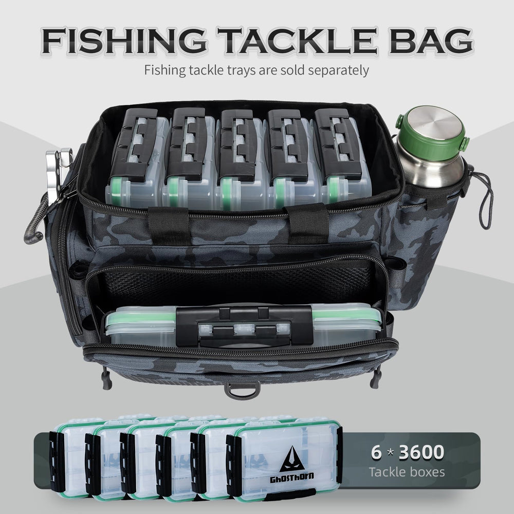 Ghosthorn fishing tackle bag front pocket features D-rings and mesh divider for gear separation