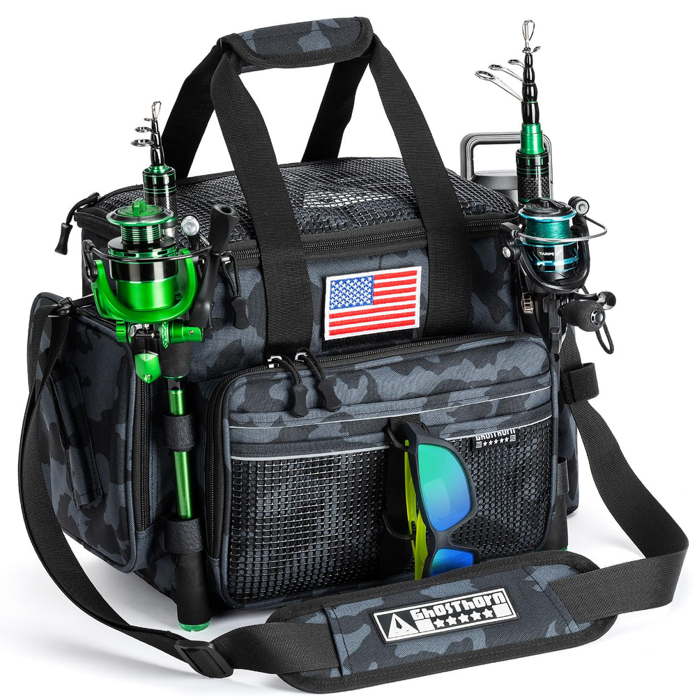 Ghosthorn fishing tackle bag front view with two rod holders for quick access