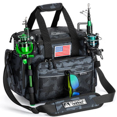 Ghosthorn fishing tackle bag front view with two rod holders for quick access