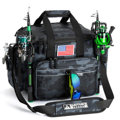 Ghosthorn fishing tackle bag with rod holders for quick lure access on the water