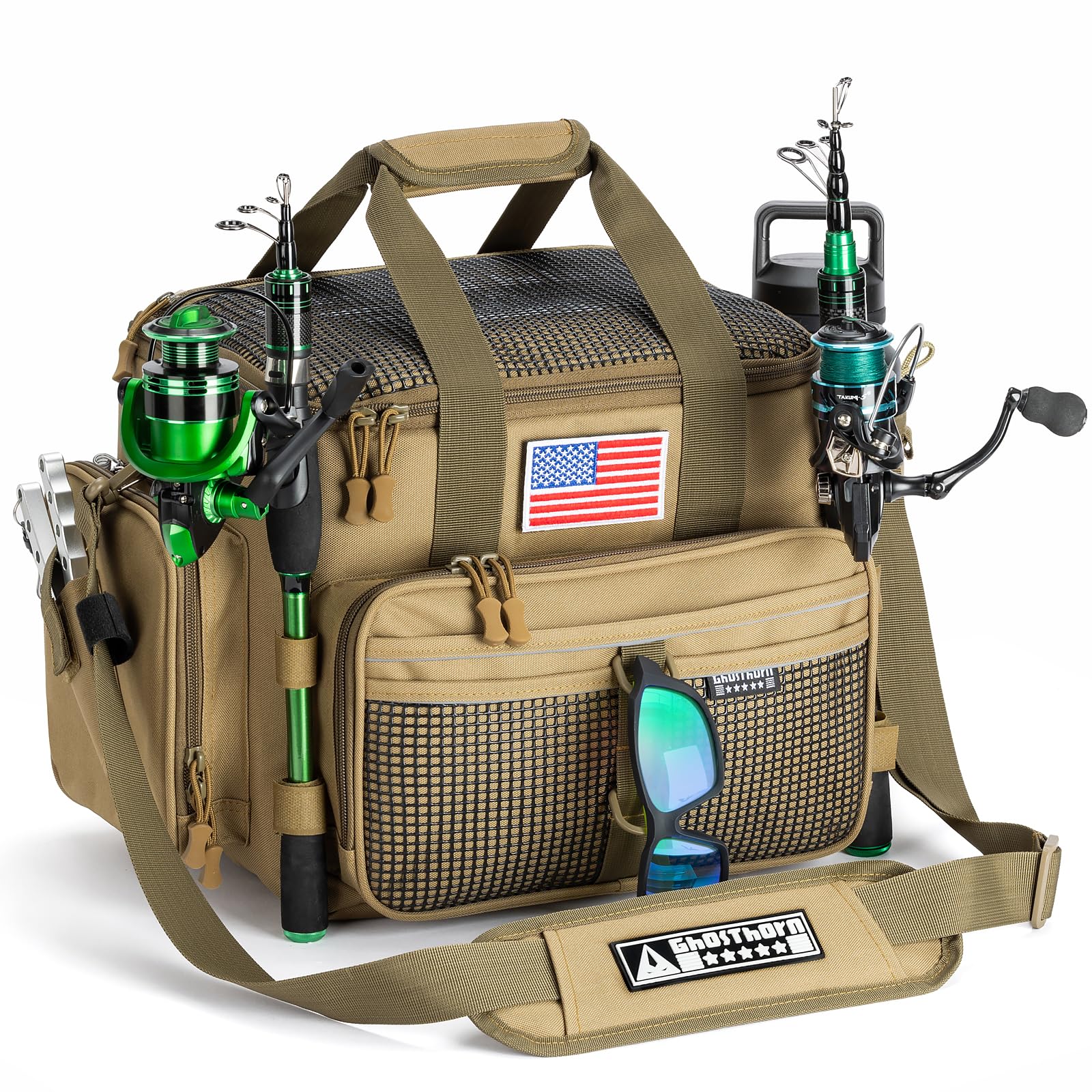 Ghosthorn fishing tackle bag top-pocket shows waterproof bag for dry gear on rainy days.