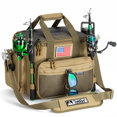 Ghosthorn fishing tackle bag top-pocket shows waterproof bag for dry gear on rainy days.