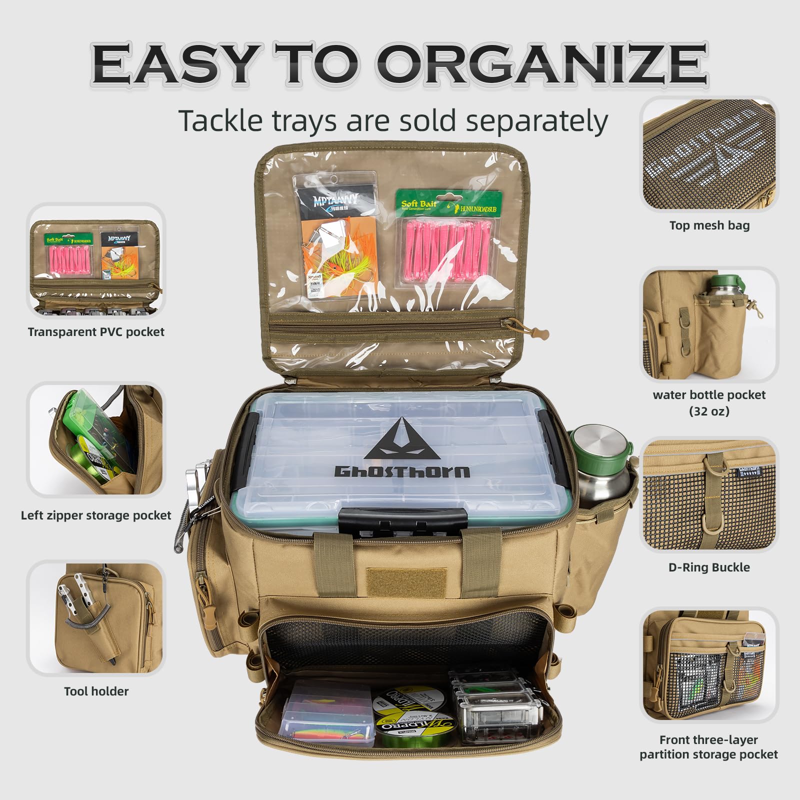 Ghosthorn fishing tackle bag waterproof fabric keeps gear protected from spray and dew.