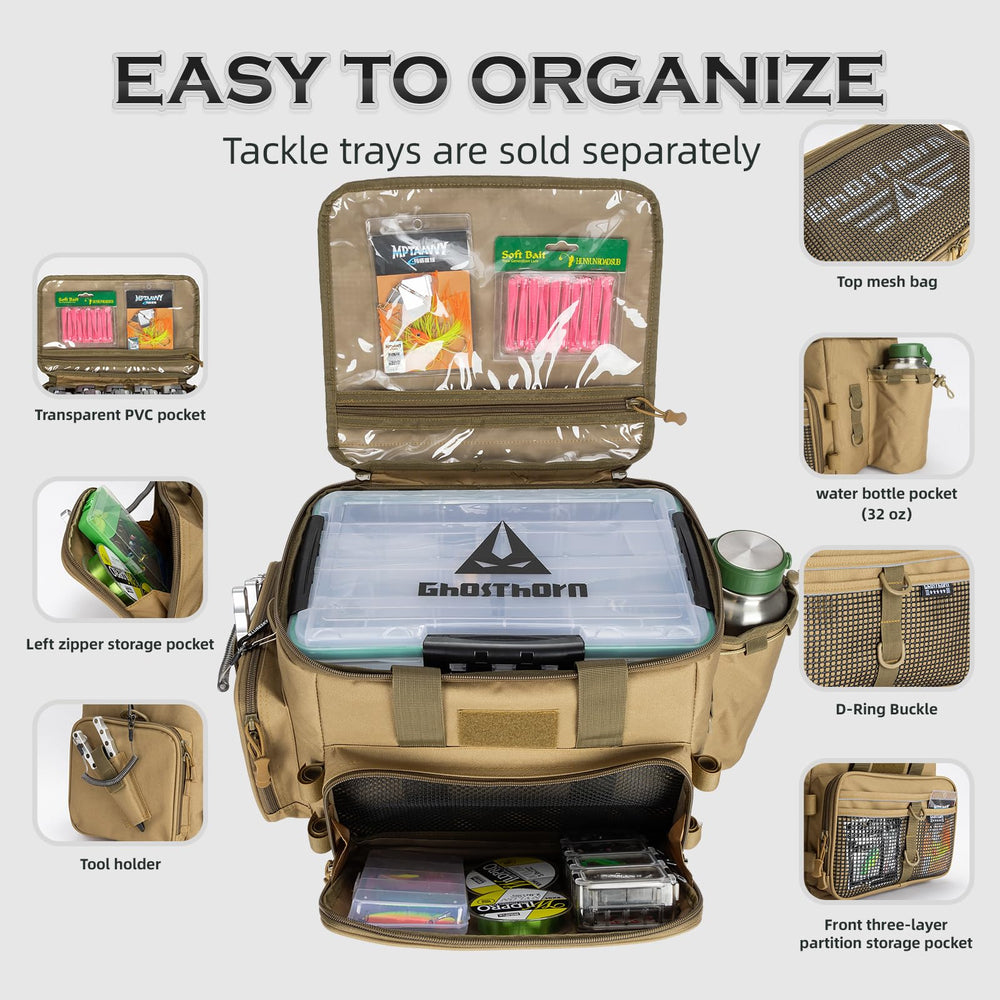 Ghosthorn fishing tackle bag waterproof fabric keeps gear protected from spray and dew.