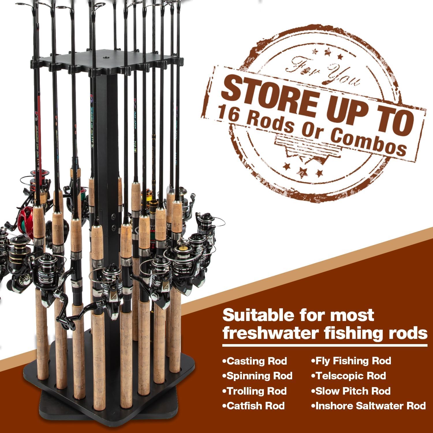 Sixteen fishing rods securely stored in the Ghosthorn floor stand