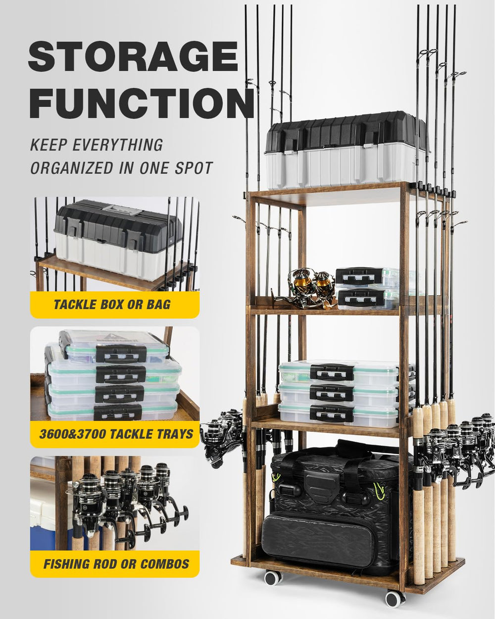 Durable hardwood fishing rod rack in workshop