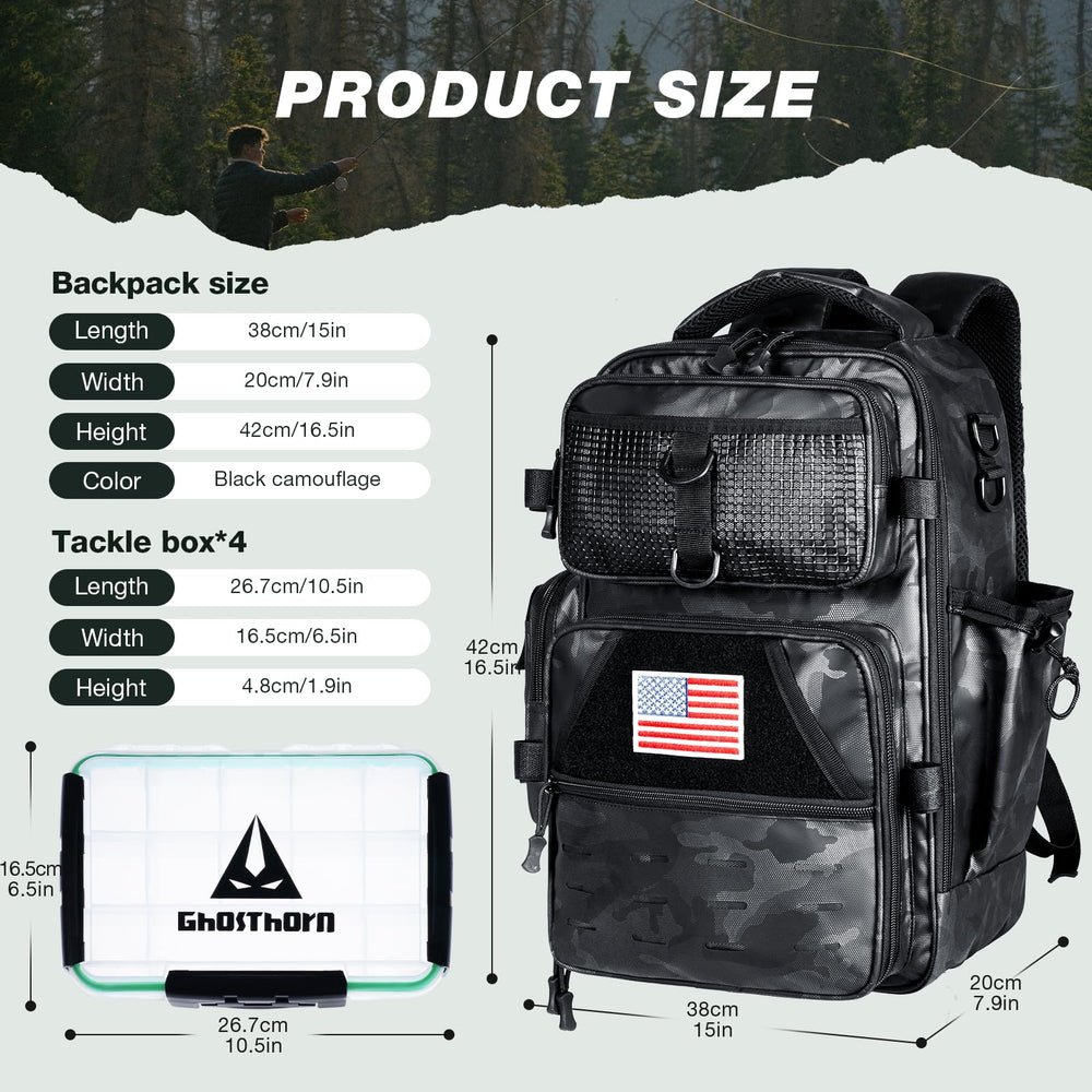 Ghosthorn fishing backpack versatile for bank, boat, hiking, and outdoor adventures.