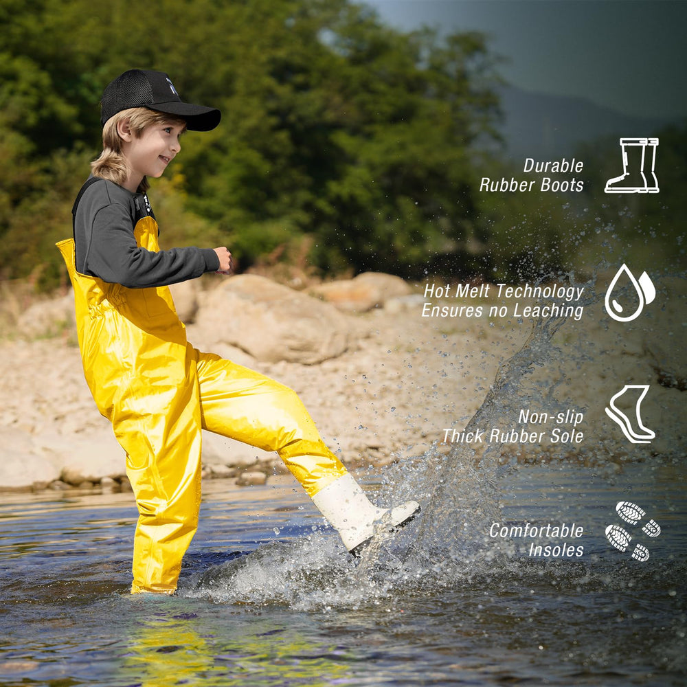 Ghosthorn nylon kids waders image shows easy on/off design for quick gear changes.