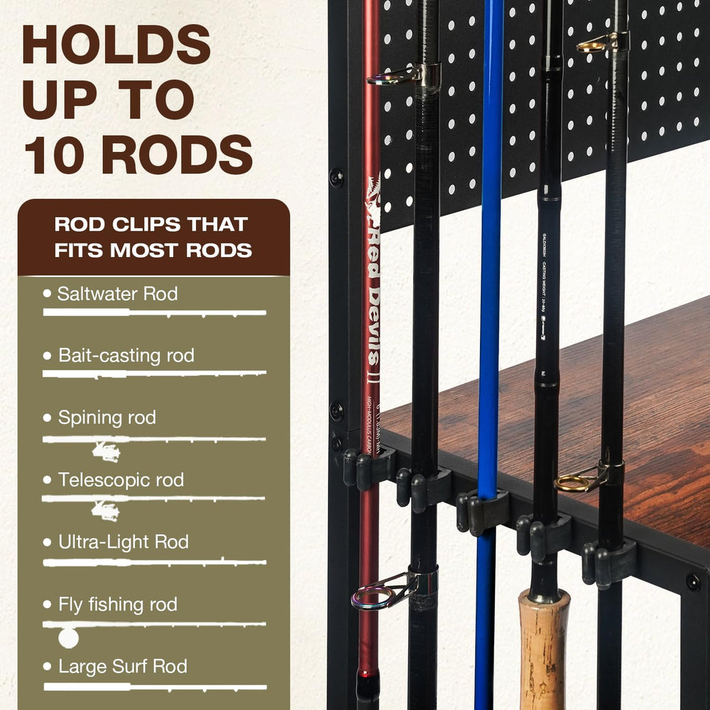 Rods, reels, and tackle organized on Ghosthorn storage rack
