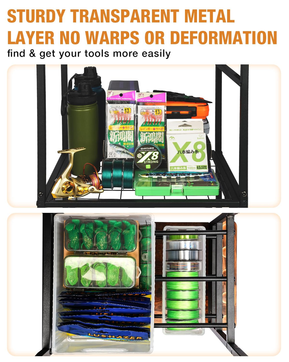 Organized garage setup showing Ghosthorn rod rack with containers and wheels