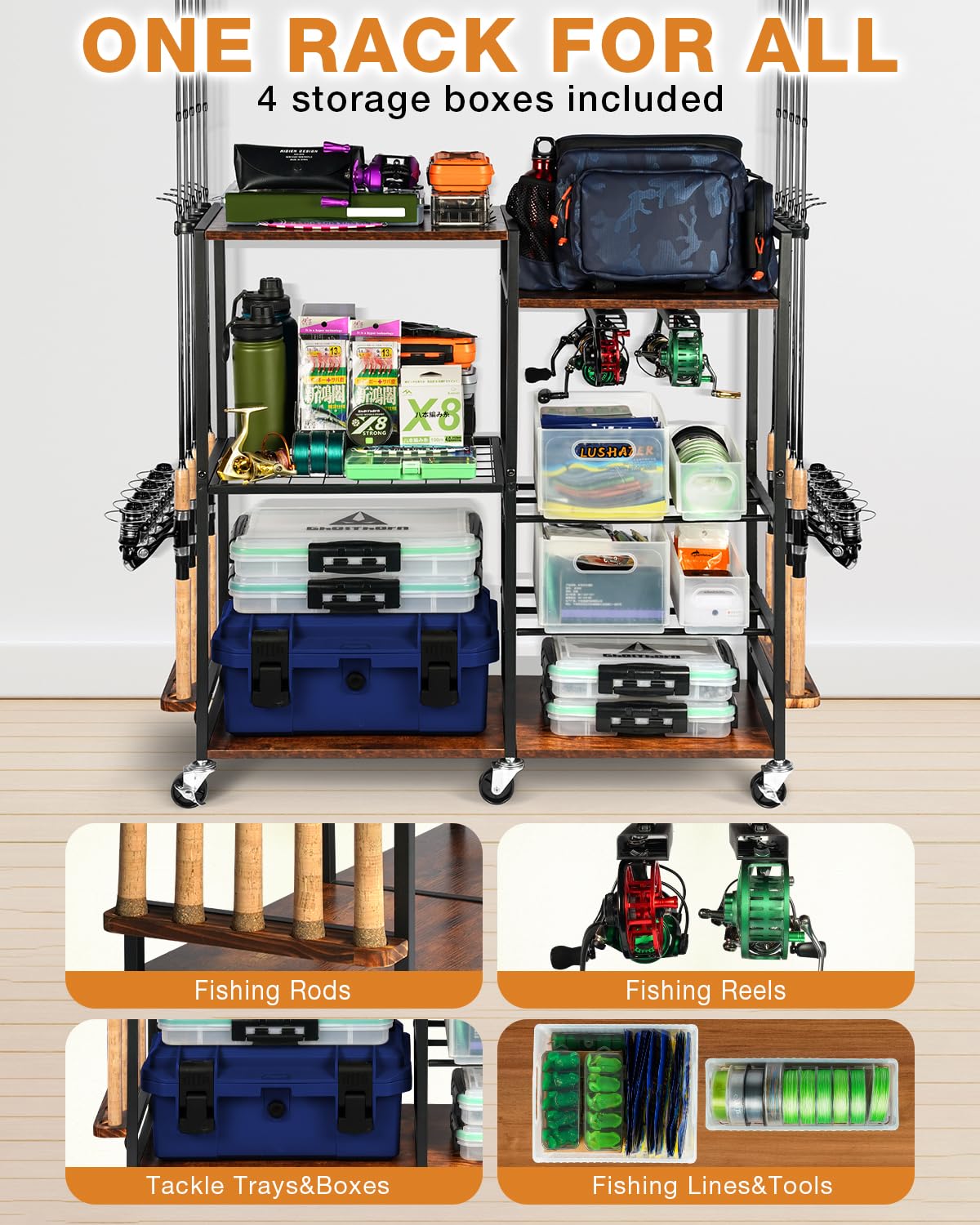 Two-rack design with upper work surface for lure maintenance
