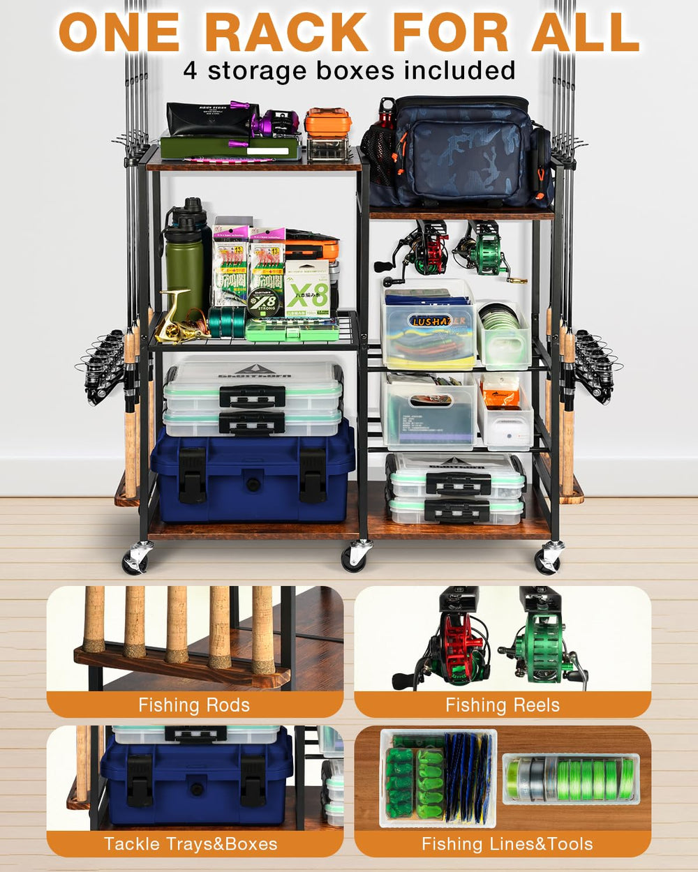 Two-rack design with upper work surface for lure maintenance