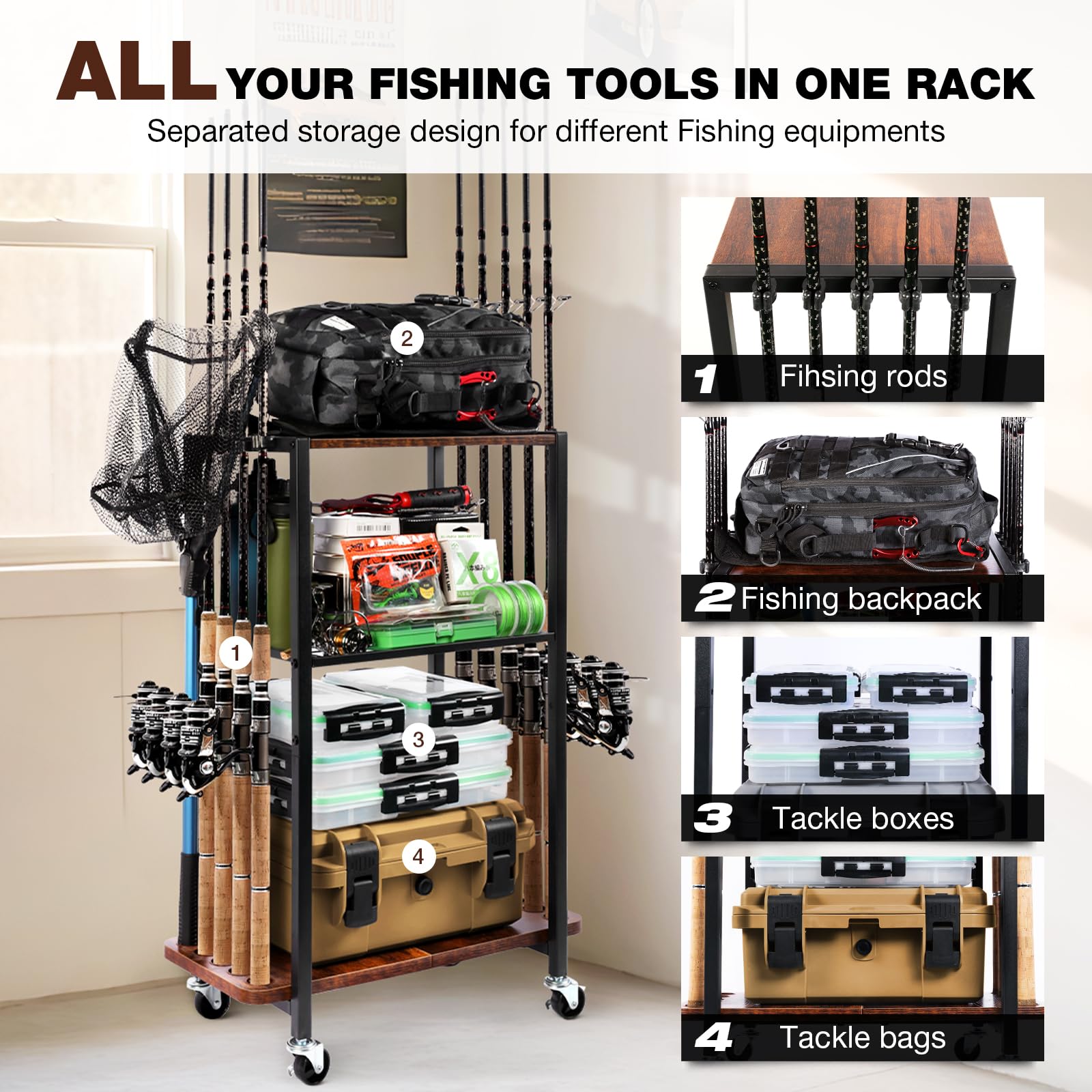 Ghosthorn rod holder vertical design demonstrates space-saving garage organization.