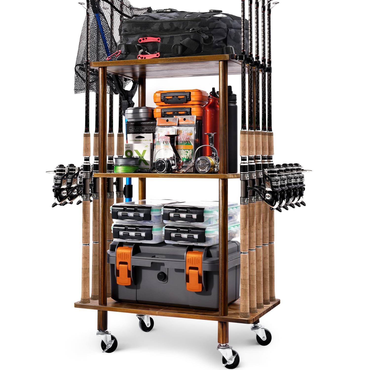 Ghosthorn 3-Tier Wooden Fishing Rod Holder Cart - front view with 10-rod capacity