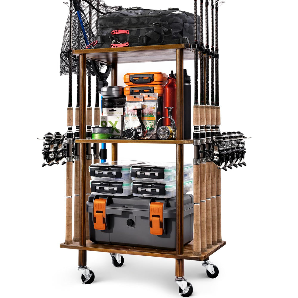 Ghosthorn 3-Tier Wooden Fishing Rod Holder Cart - front view with 10-rod capacity